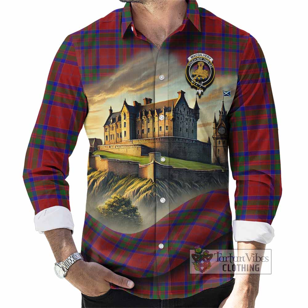 Tartan Vibes Clothing MacGilvery (McGilvery) Tartan Family Crest Long Sleeve Button Shirt with Scottish Ancient Castle Style