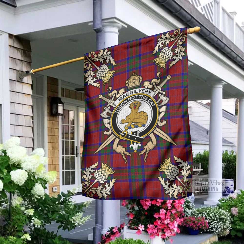 MacGilvery (McGilvery) Tartan Garden Flag with Family Crest and Golden Thistle Crossed Sword Design - Tartan Vibes Clothing