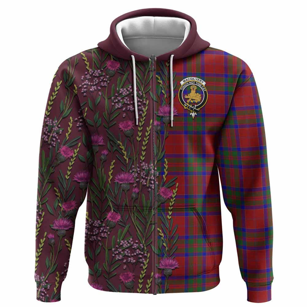 MacGilvery (McGilvery) Family Crest Tartan Hoodie Scottish Thistle Flower Pattern Half Style - Tartan Vibes Clothing