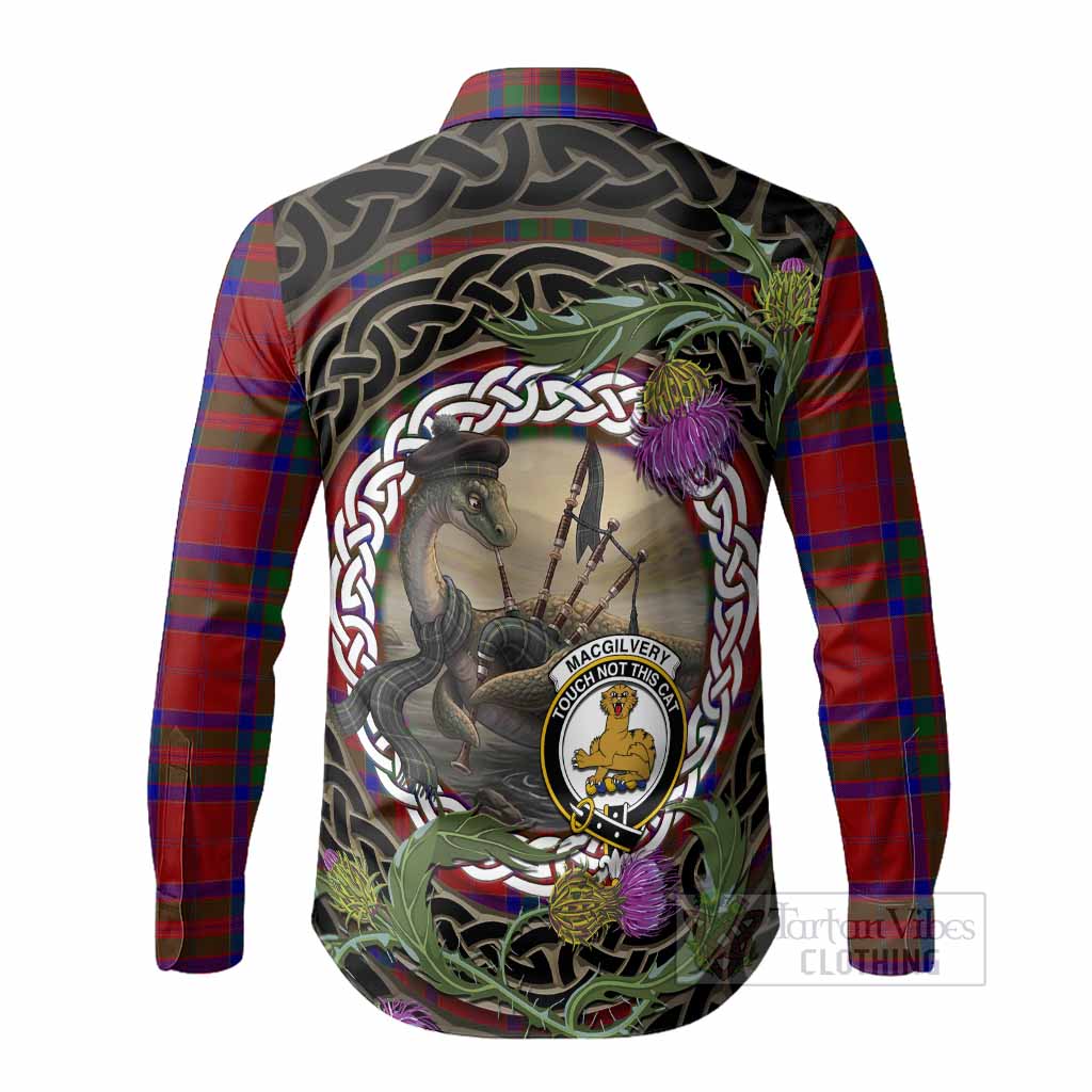 MacGilvery (McGilvery) Tartan Crest Bagpipe Nessie Long Sleeve Button Shirts Scottish Loch Ness Monster Celtic Thistle