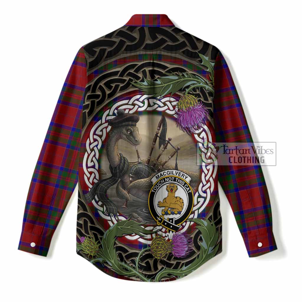 MacGilvery (McGilvery) Tartan Crest Bagpipe Nessie Women Casual Shirt Scottish Loch Ness Monster Celtic Thistle
