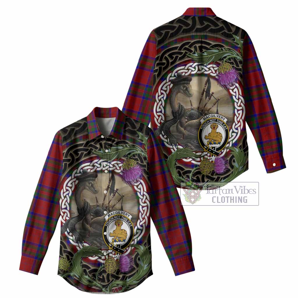 MacGilvery (McGilvery) Tartan Crest Bagpipe Nessie Women Casual Shirt Scottish Loch Ness Monster Celtic Thistle