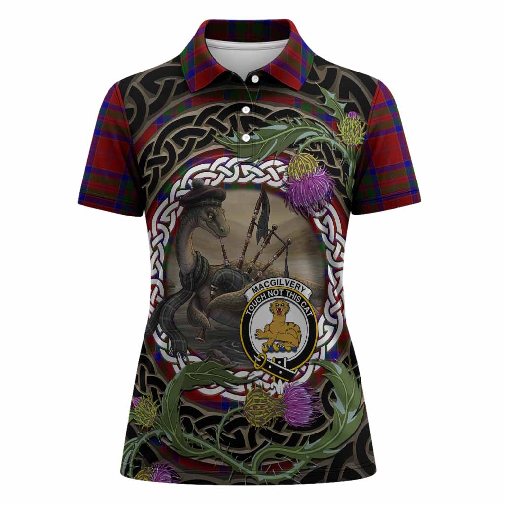MacGilvery (McGilvery) Tartan Crest Bagpipe Nessie Women Polo Shirt Scottish Loch Ness Monster Celtic Thistle
