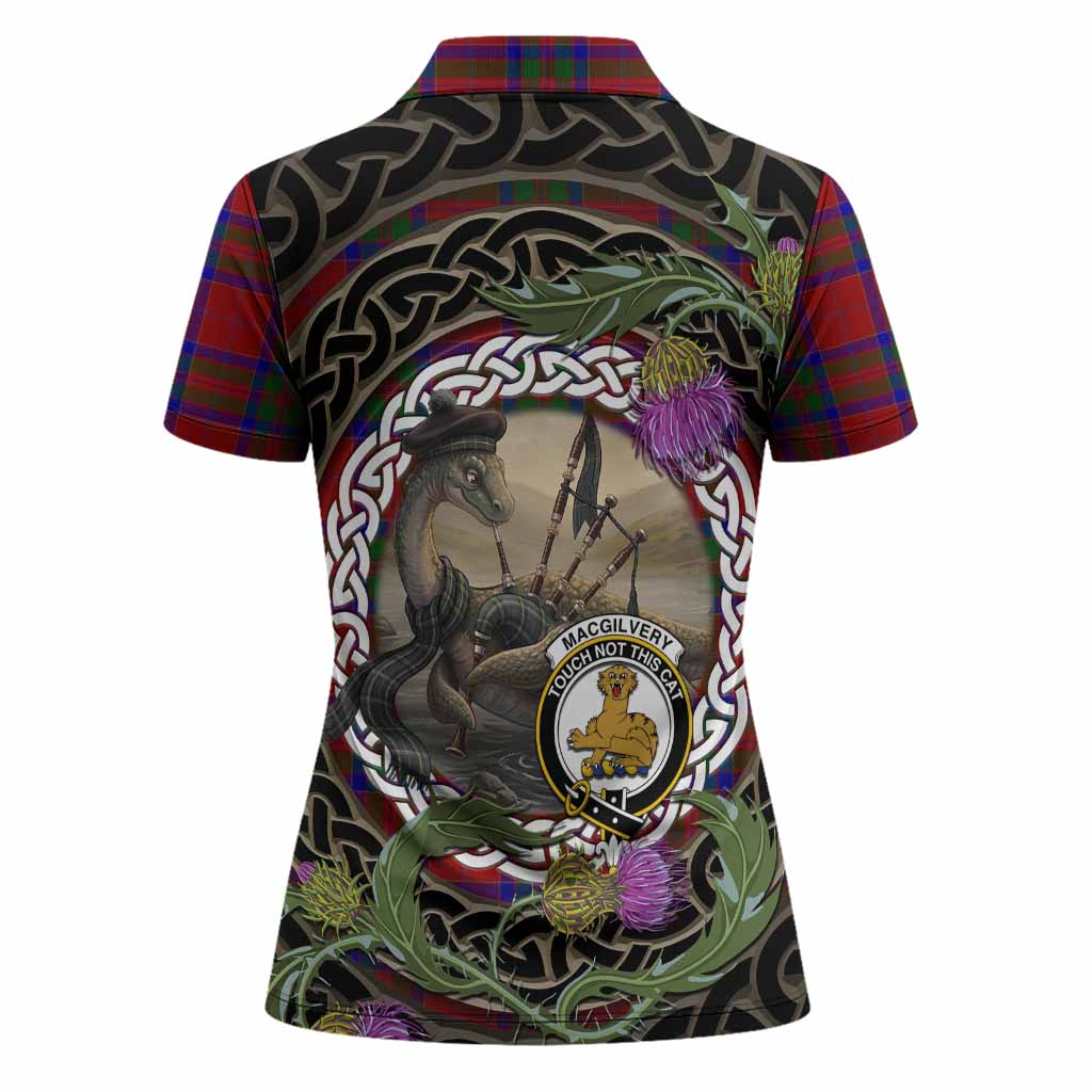MacGilvery (McGilvery) Tartan Crest Bagpipe Nessie Women Polo Shirt Scottish Loch Ness Monster Celtic Thistle