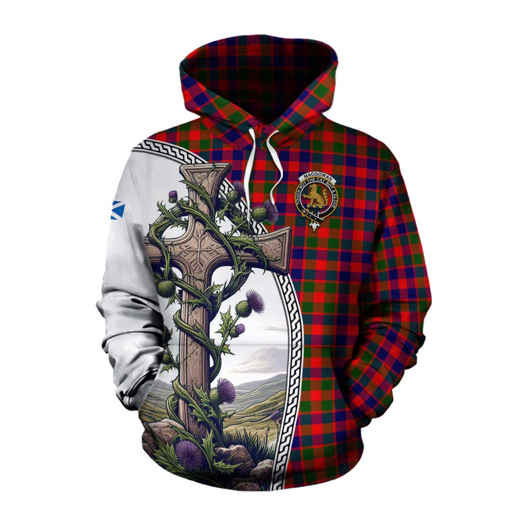 Tartan Vibes Clothing MacGowan (McGowan) Tartan Cotton Hoodie with Family Crest and St. Andrew's Cross Accented by Thistle Vines