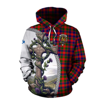Tartan Vibes Clothing MacGowan (McGowan) Tartan Cotton Hoodie with Family Crest and St. Andrew's Cross Accented by Thistle Vines