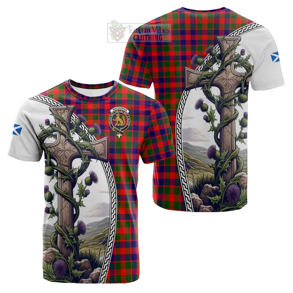 Tartan Vibes Clothing MacGowan (McGowan) Tartan Cotton T-shirt with Family Crest and St. Andrew's Cross Accented by Thistle Vines