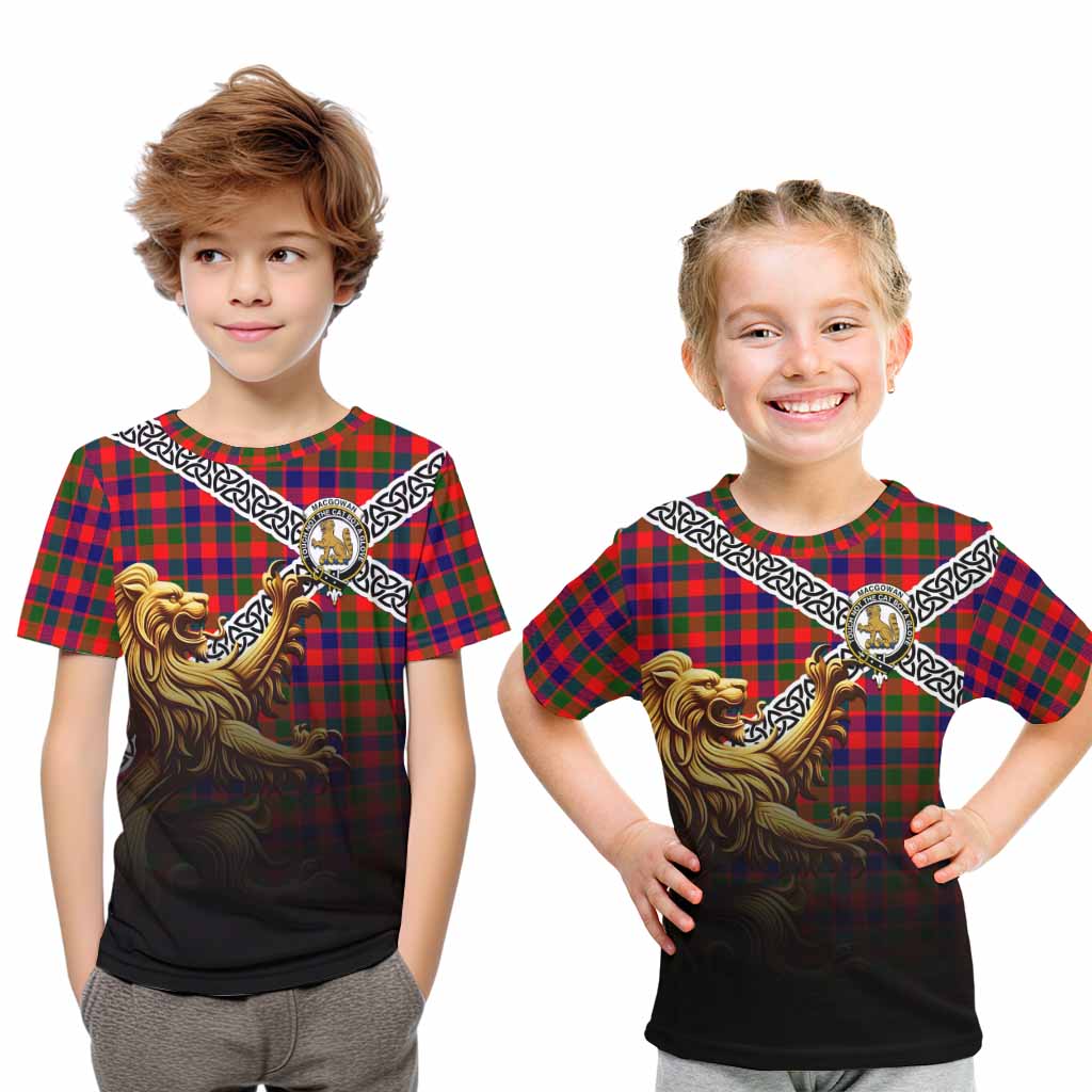MacGowan (McGowan) Crest Tartan Kid T-Shirt with Golden Lion Emblem Celtic Style Youth XL Size14 - Tartan Vibes Clothing