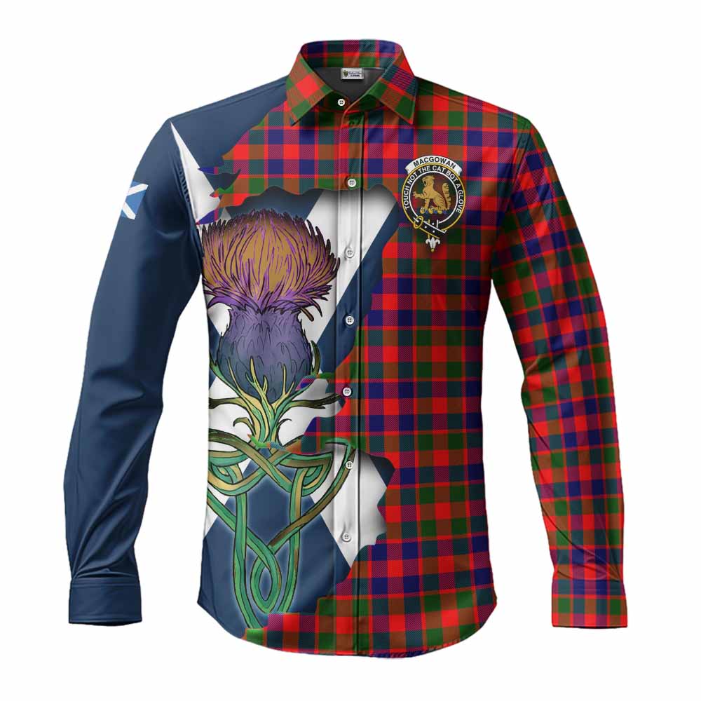 Tartan Vibes Clothing MacGowan (McGowan) Tartan Family Crest Long Sleeve Button Shirt Scottish Thistle Celtic Inspired