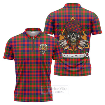 MacGowan (McGowan) Tartan Zipper Polo Shirt with Family Crest and Bearded Skull Holding Bottles of Whiskey Unisex - Tartan Vibes Clothing