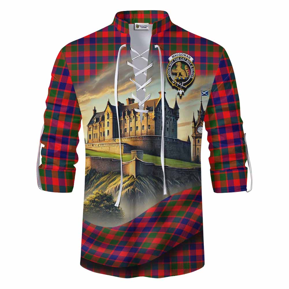 MacGowan (McGowan) Tartan Family Crest Ghillie Kilt Shirt with Scottish Ancient Castle Style Men - Tartan Vibes Clothing