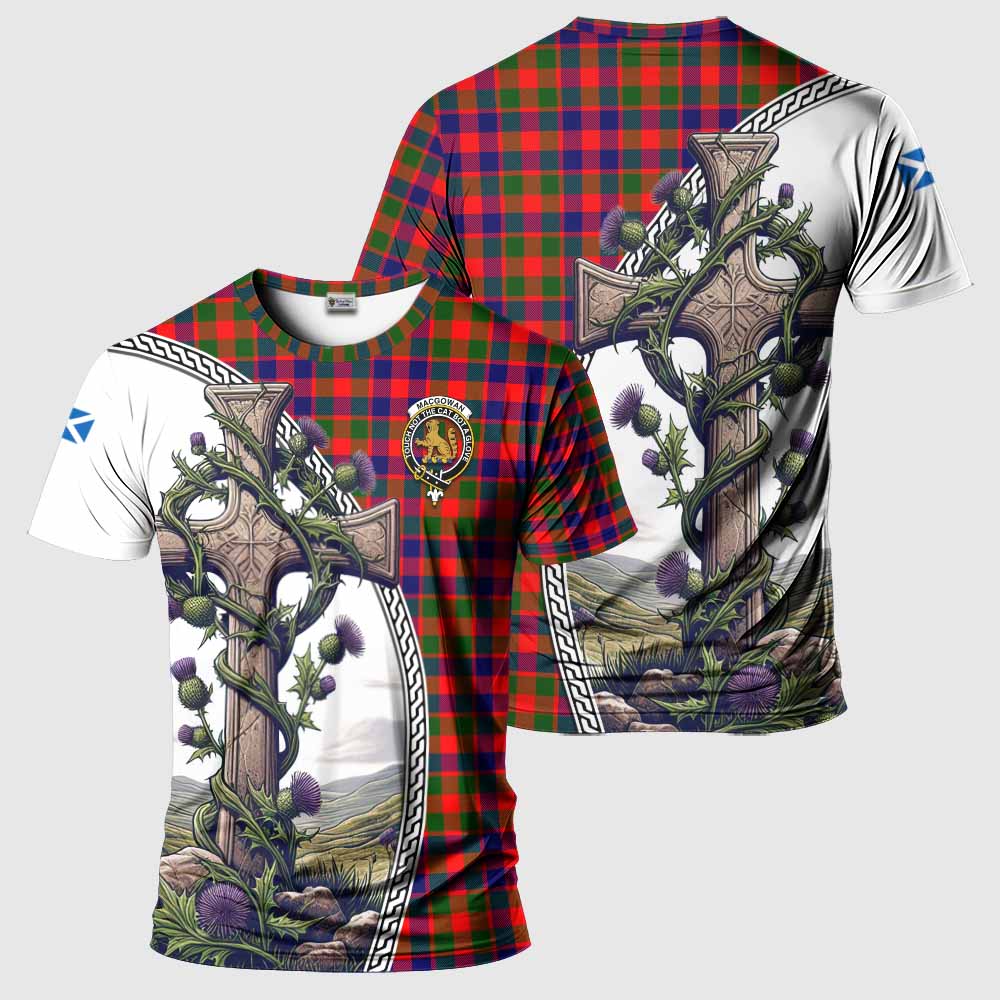 Tartan Vibes Clothing MacGowan (McGowan) Agnew Tartan T-Shirt with Family Crest and St. Andrew's Cross Accented by Thistle Vines