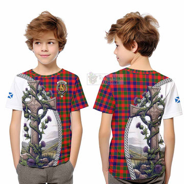Tartan Vibes Clothing MacGowan (McGowan) Tartan Kid T-Shirt with Family Crest and St. Andrew's Cross Accented by Thistle Vines