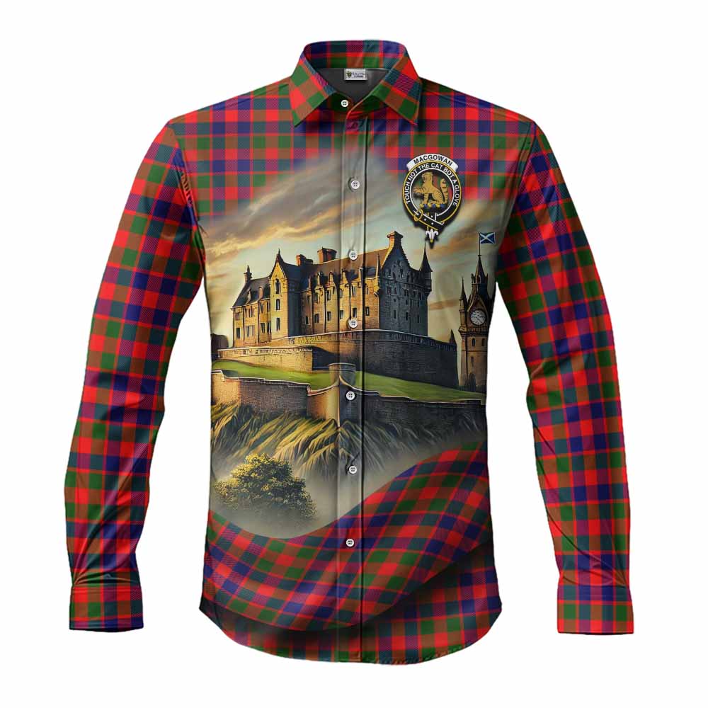 Tartan Vibes Clothing MacGowan (McGowan) Tartan Family Crest Long Sleeve Button Shirt with Scottish Ancient Castle Style