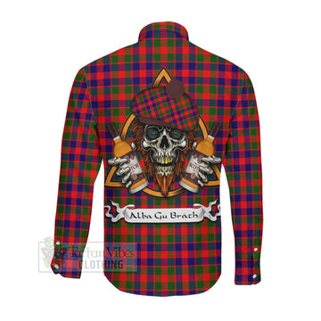 MacGowan (McGowan) Tartan Long Sleeve Button Shirt with Family Crest and Bearded Skull Holding Bottles of Whiskey Men's Shirt - Tartan Vibes Clothing
