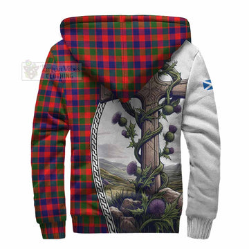 Tartan Vibes Clothing MacGowan (McGowan) Tartan Sherpa Hoodie with Family Crest and St. Andrew's Cross Accented by Thistle Vines