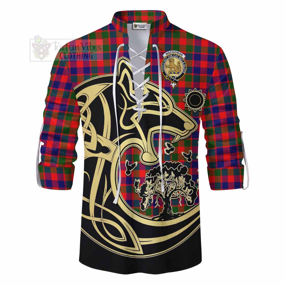 MacGowan (McGowan) Tartan Ghillie Kilt Shirt with Family Crest Celtic Wolf Style - Tartan Vibes Clothing