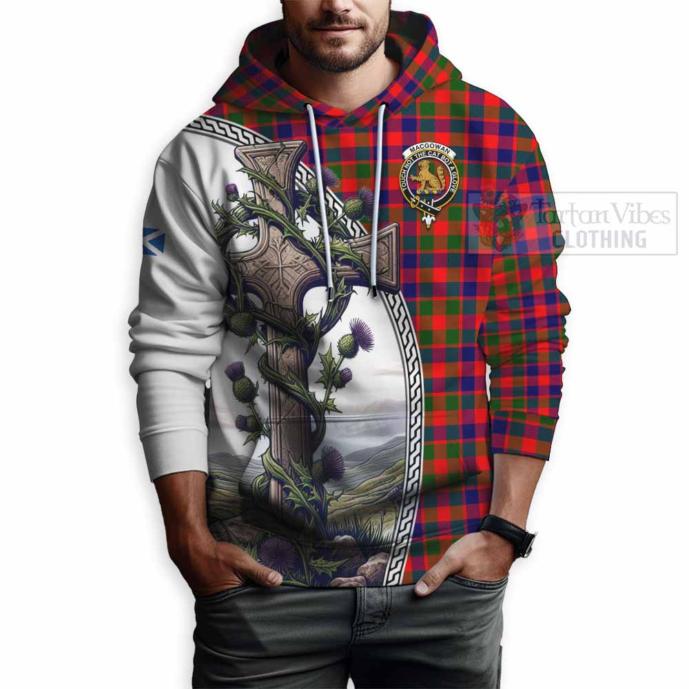 Tartan Vibes Clothing MacGowan (McGowan) Tartan Hoodie with Family Crest and St. Andrew's Cross Accented by Thistle Vines