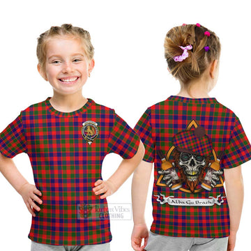 MacGowan (McGowan) Tartan Kid T-Shirt with Family Crest and Bearded Skull Holding Bottles of Whiskey - Tartan Vibes Clothing