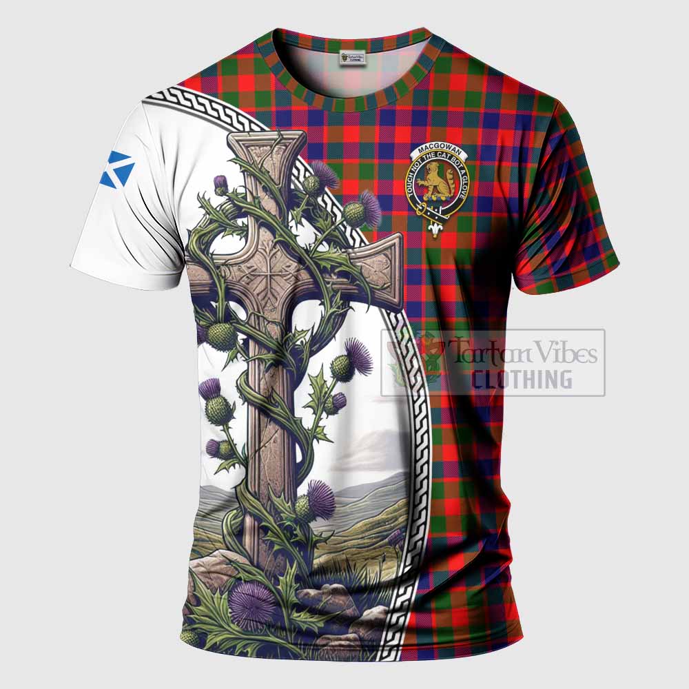 Tartan Vibes Clothing MacGowan (McGowan) Agnew Tartan T-Shirt with Family Crest and St. Andrew's Cross Accented by Thistle Vines