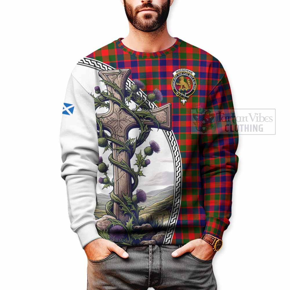 Tartan Vibes Clothing MacGowan (McGowan) Tartan Sweatshirt with Family Crest and St. Andrew's Cross Accented by Thistle Vines