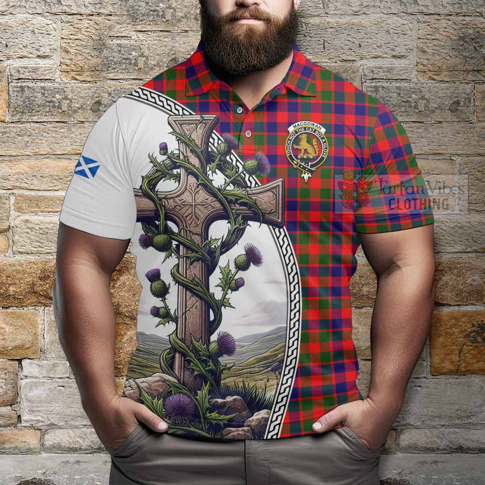 Tartan Vibes Clothing MacGowan (McGowan) Tartan Polo Shirt with Family Crest and St. Andrew's Cross Accented by Thistle Vines
