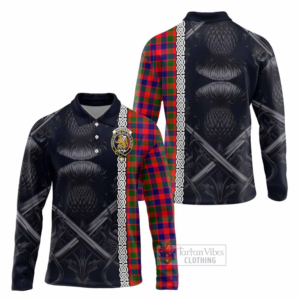 MacGowan (McGowan) Tartan Long Sleeve Polo Shirt with Family Crest Cross Sword Thistle Celtic Vibes - Tartan Vibes Clothing