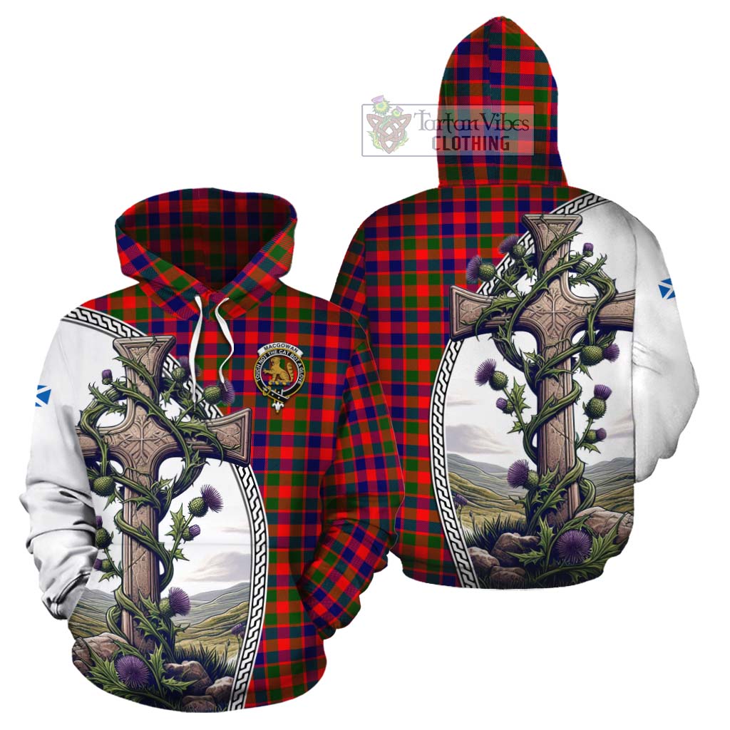 Tartan Vibes Clothing MacGowan (McGowan) Tartan Cotton Hoodie with Family Crest and St. Andrew's Cross Accented by Thistle Vines