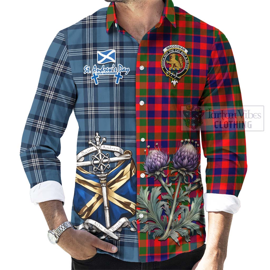 MacGowan (McGowan) Tartan Long Sleeve Button Shirt Happy St. Andrew's Day Half Tartan Style - Tartan Vibes Clothing