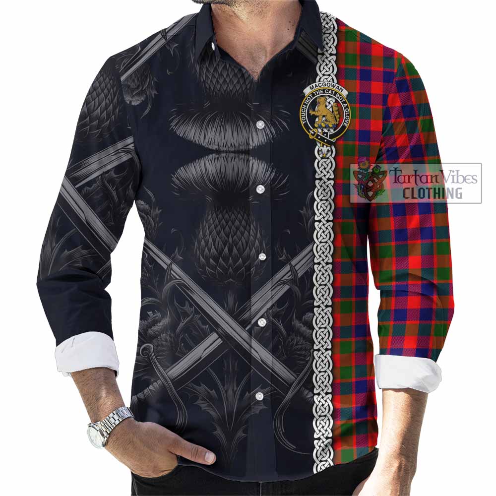 Tartan Vibes Clothing MacGowan (McGowan) Tartan Long Sleeve Button Shirt with Family Crest Cross Sword Thistle Celtic Vibes