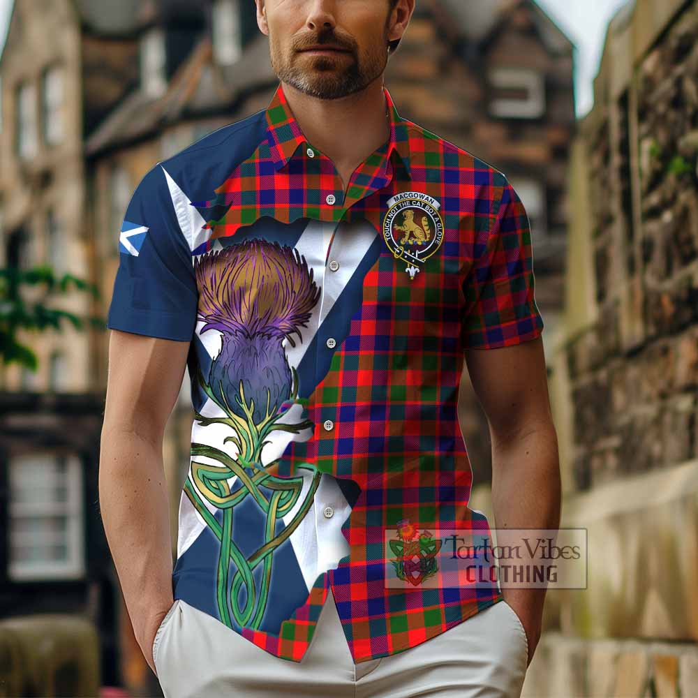 Tartan Vibes Clothing MacGowan (McGowan) Tartan Family Crest Short Sleeve Button Shirt Scottish Thistle Celtic Inspired