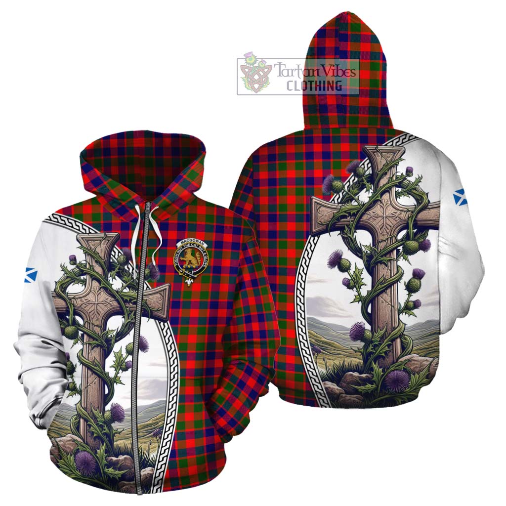 Tartan Vibes Clothing MacGowan (McGowan) Tartan Cotton Hoodie with Family Crest and St. Andrew's Cross Accented by Thistle Vines