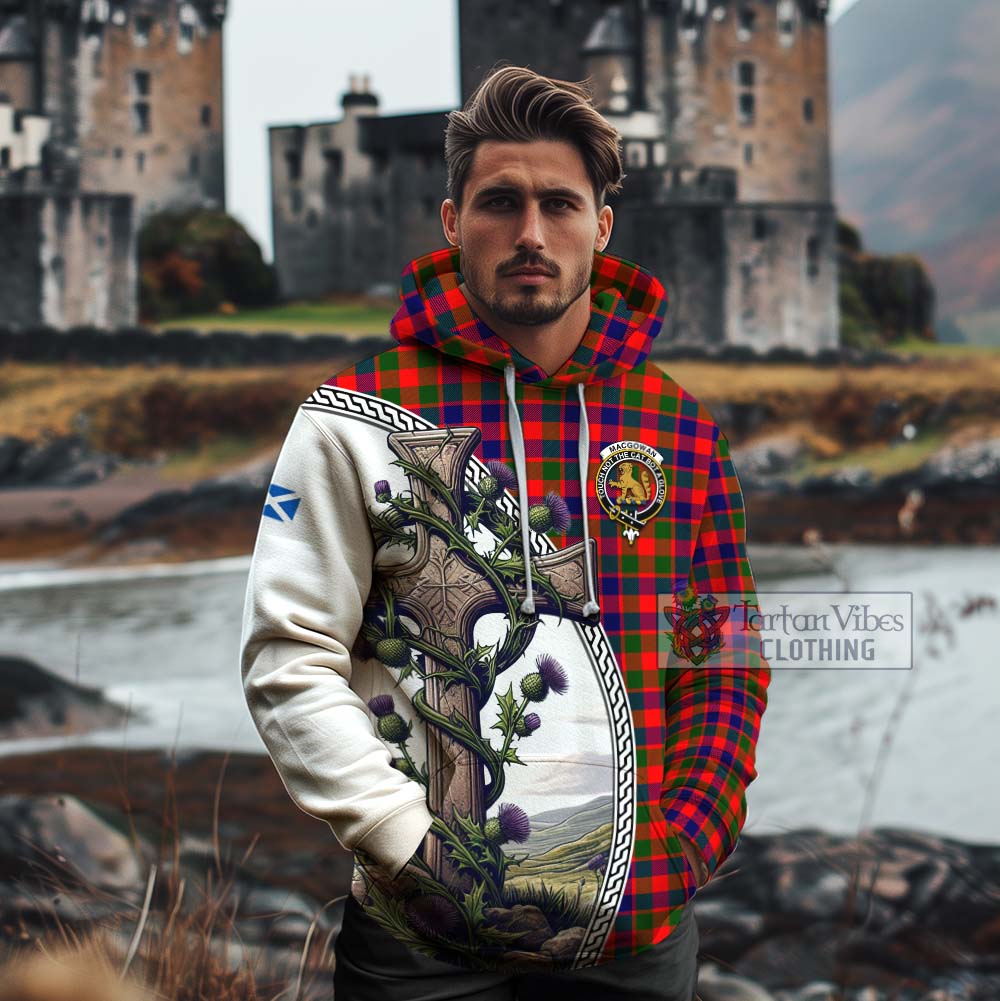 Tartan Vibes Clothing MacGowan (McGowan) Tartan Cotton Hoodie with Family Crest and St. Andrew's Cross Accented by Thistle Vines