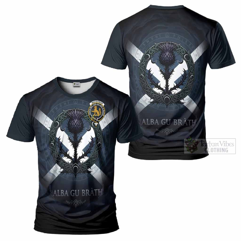 MacGowan (McGowan) Clan Crest T-Shirt with Celtic Knot Thistle and Saltire