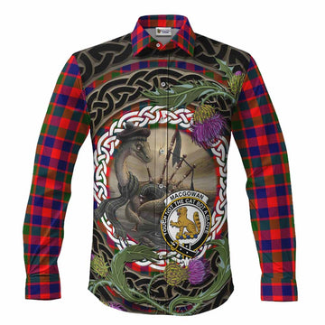 MacGowan (McGowan) Tartan Crest Bagpipe Nessie Long Sleeve Button Shirts Scottish Loch Ness Monster Celtic Thistle