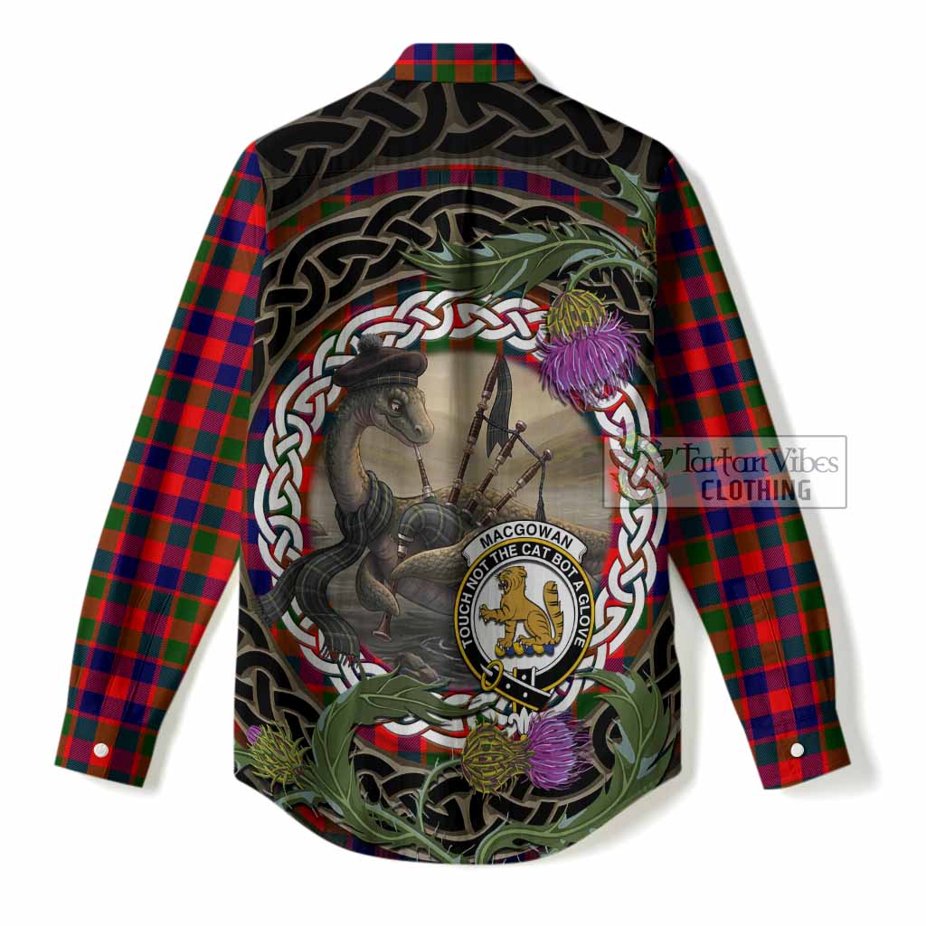 MacGowan (McGowan) Tartan Crest Bagpipe Nessie Women Casual Shirt Scottish Loch Ness Monster Celtic Thistle