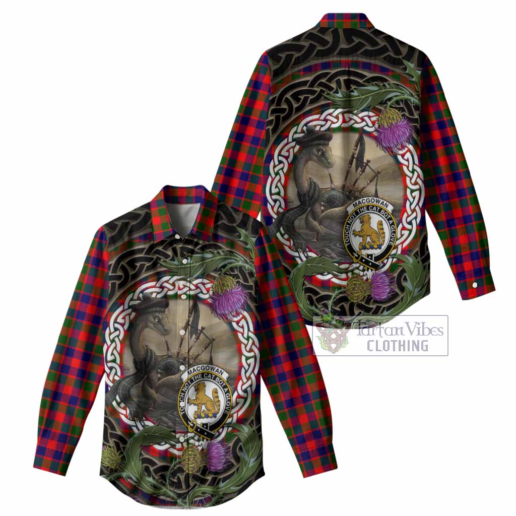 MacGowan (McGowan) Tartan Crest Bagpipe Nessie Women Casual Shirt Scottish Loch Ness Monster Celtic Thistle