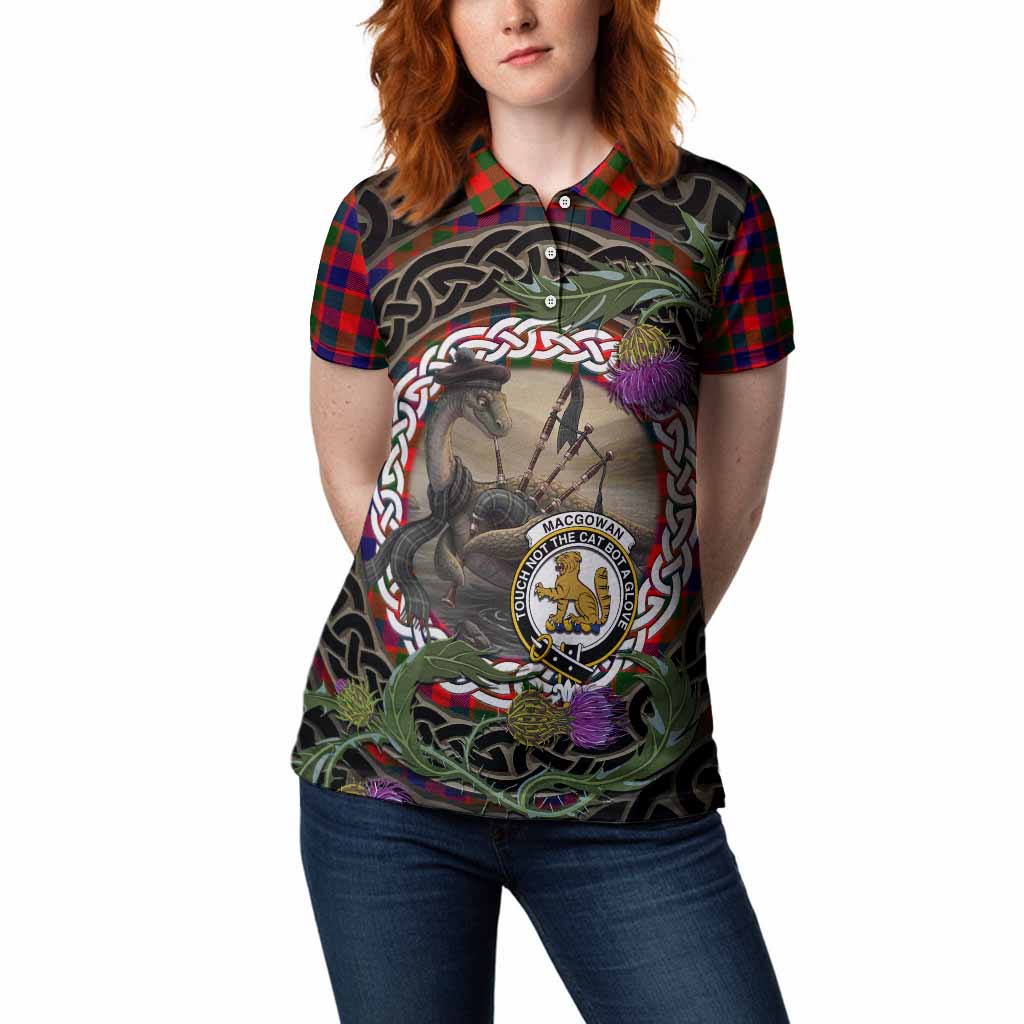 MacGowan (McGowan) Tartan Crest Bagpipe Nessie Women Polo Shirt Scottish Loch Ness Monster Celtic Thistle