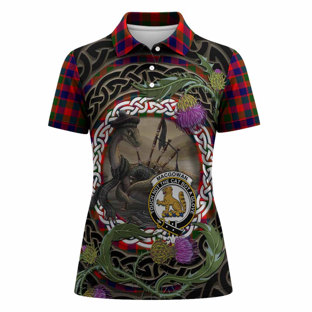 MacGowan (McGowan) Tartan Crest Bagpipe Nessie Women Polo Shirt Scottish Loch Ness Monster Celtic Thistle