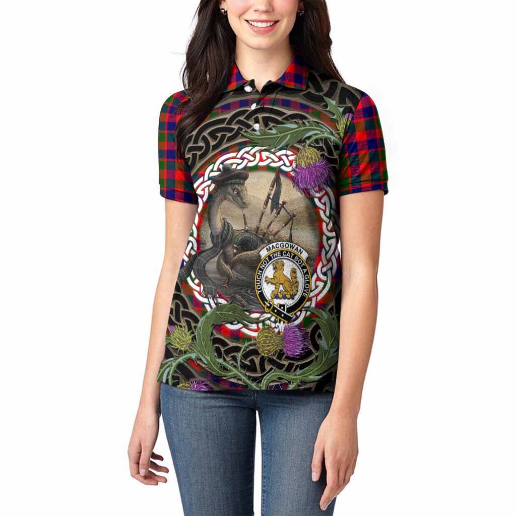 MacGowan (McGowan) Tartan Crest Bagpipe Nessie Women Polo Shirt Scottish Loch Ness Monster Celtic Thistle