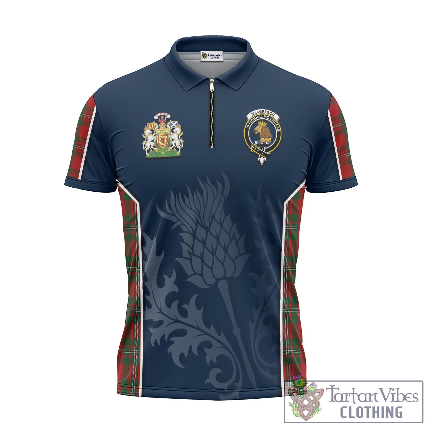 Tartan Vibes Clothing MacGregor Tartan Zipper Polo Shirt with Family Crest and Scottish Thistle Vibes Sport Style