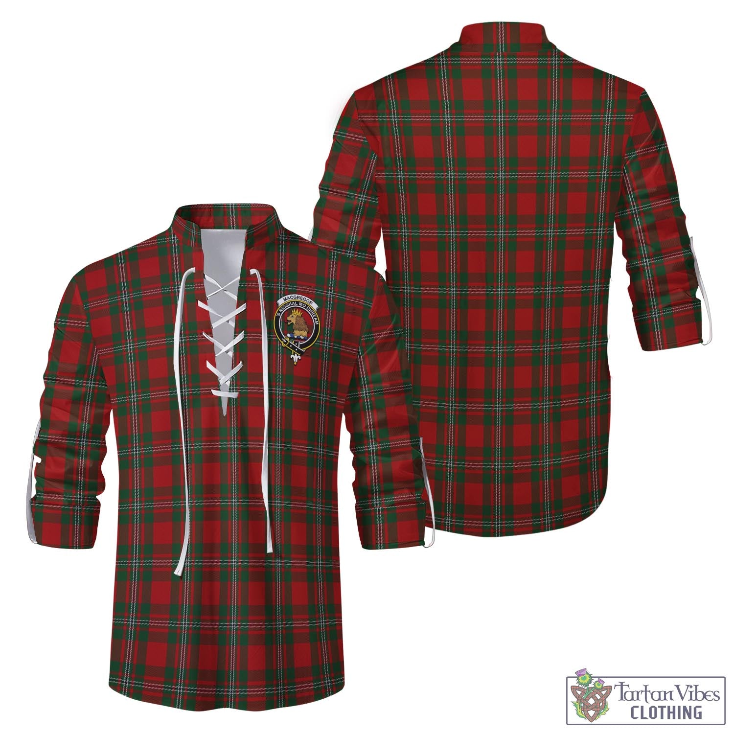 Tartan Vibes Clothing MacGregor Tartan Men's Scottish Traditional Jacobite Ghillie Kilt Shirt with Family Crest