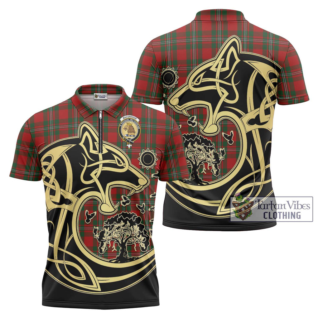 MacGregor (McGregor) Tartan Zipper Polo Shirt with Family Crest Celtic Wolf Style Unisex - Tartanvibesclothing Shop