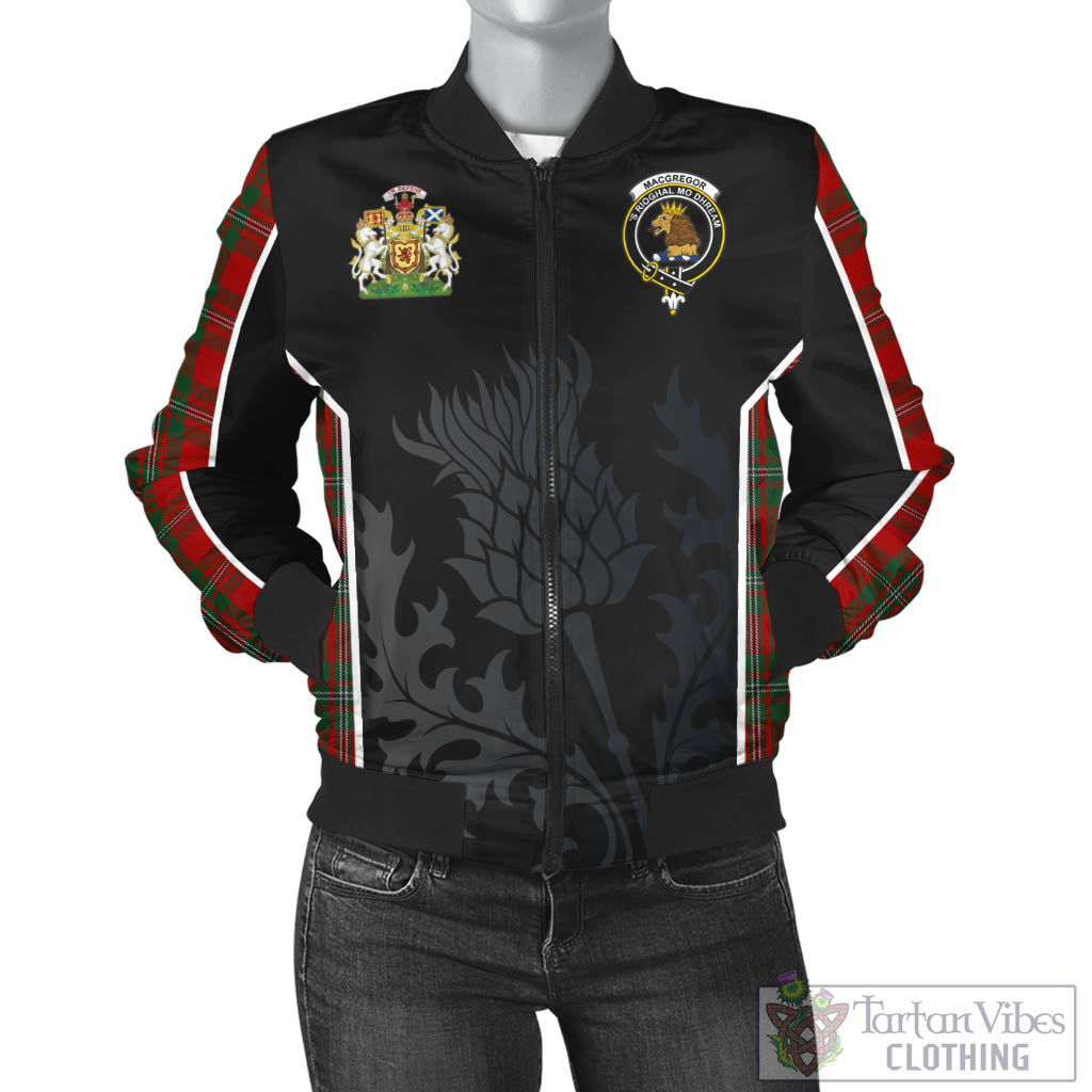 Tartan Vibes Clothing MacGregor Tartan Bomber Jacket with Family Crest and Scottish Thistle Vibes Sport Style