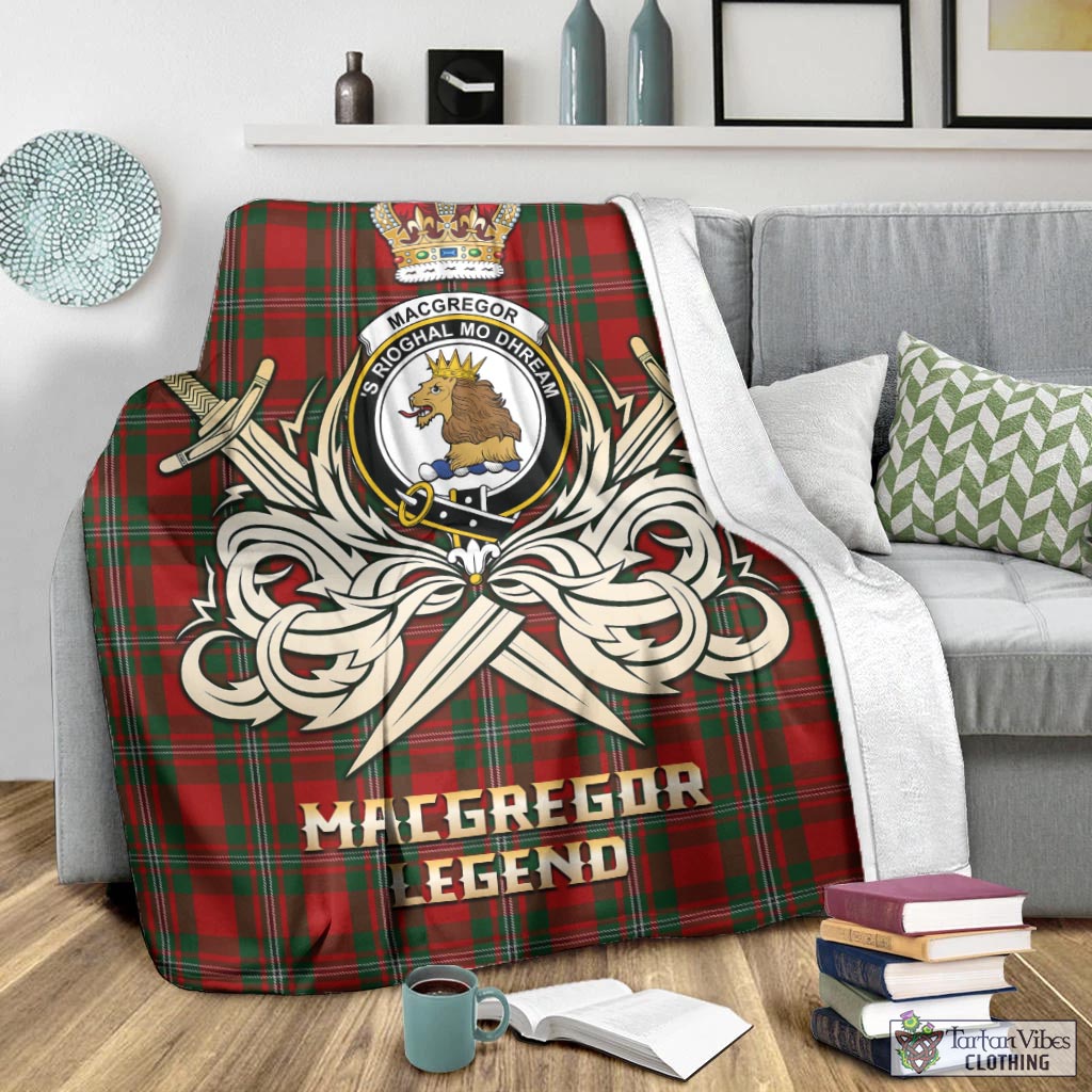 Tartan Vibes Clothing MacGregor Tartan Blanket with Clan Crest and the Golden Sword of Courageous Legacy