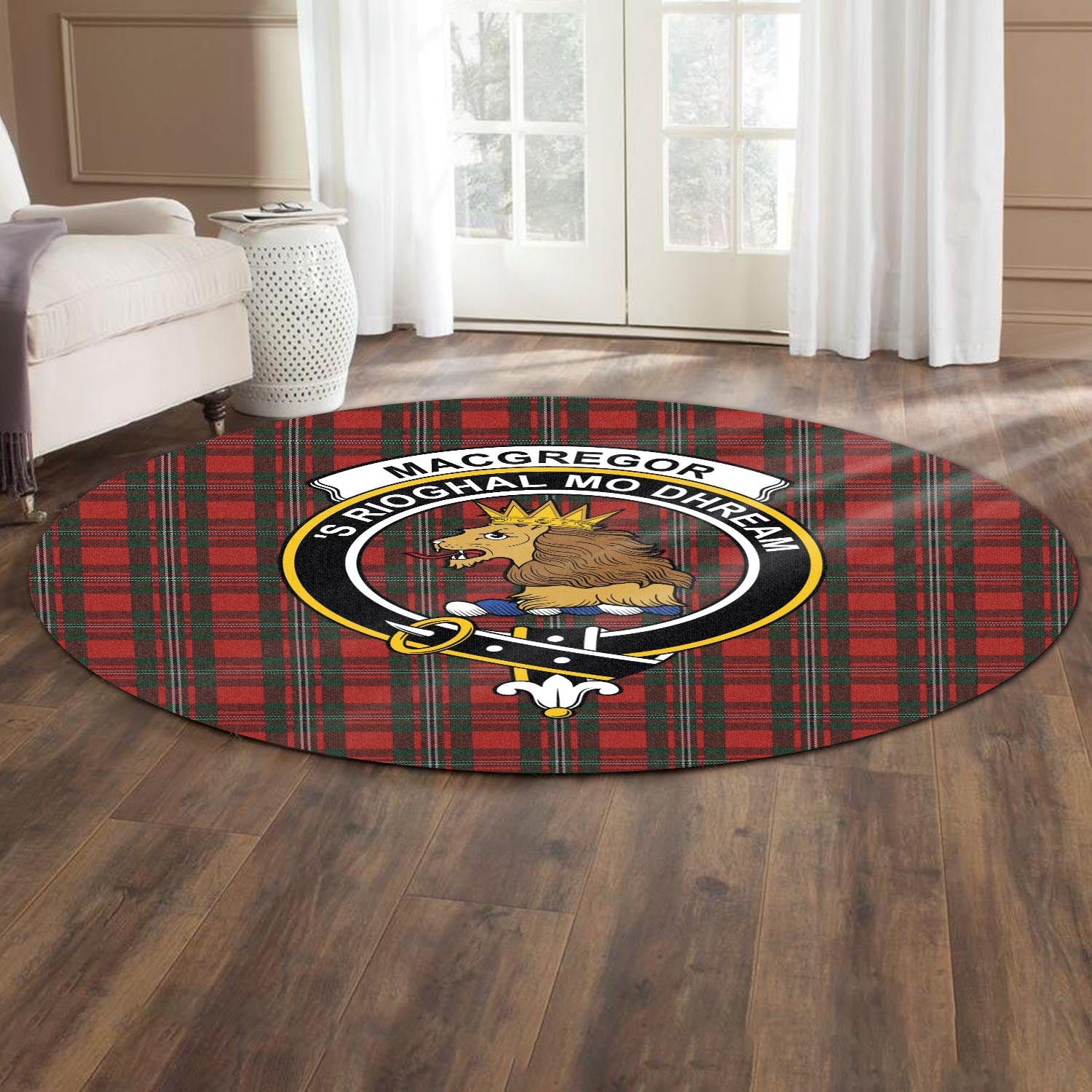 macgregor-tartan-round-rug-with-family-crest