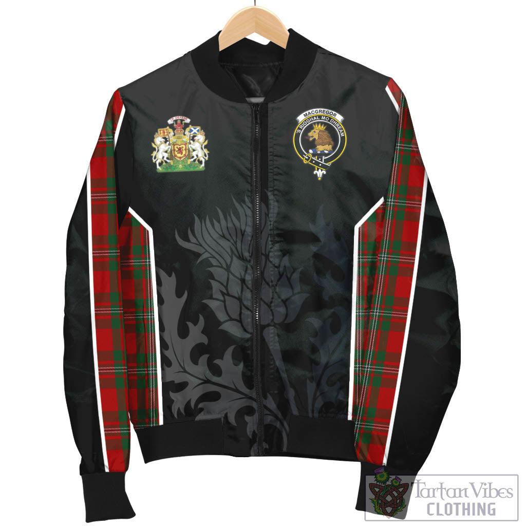 Tartan Vibes Clothing MacGregor Tartan Bomber Jacket with Family Crest and Scottish Thistle Vibes Sport Style