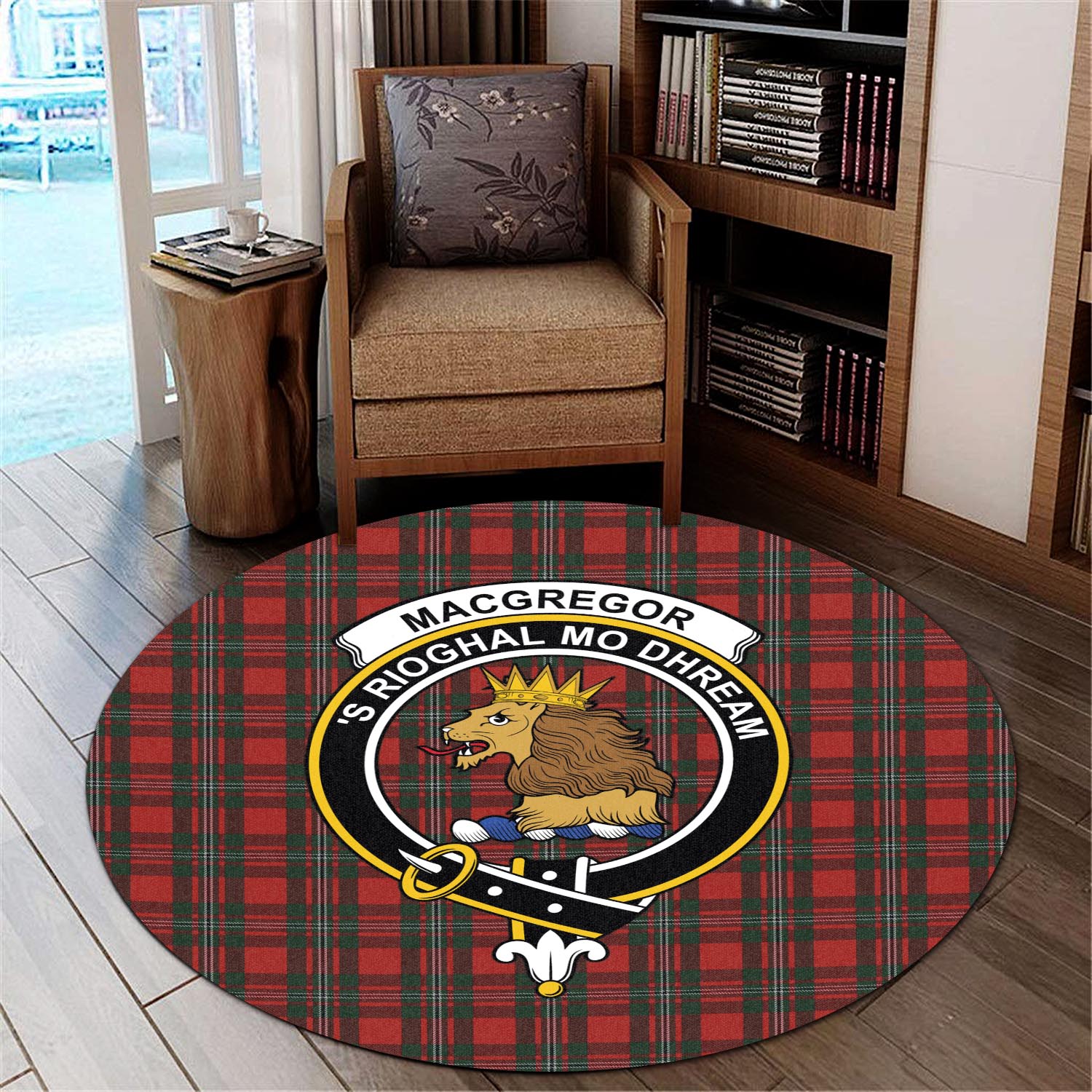 macgregor-tartan-round-rug-with-family-crest
