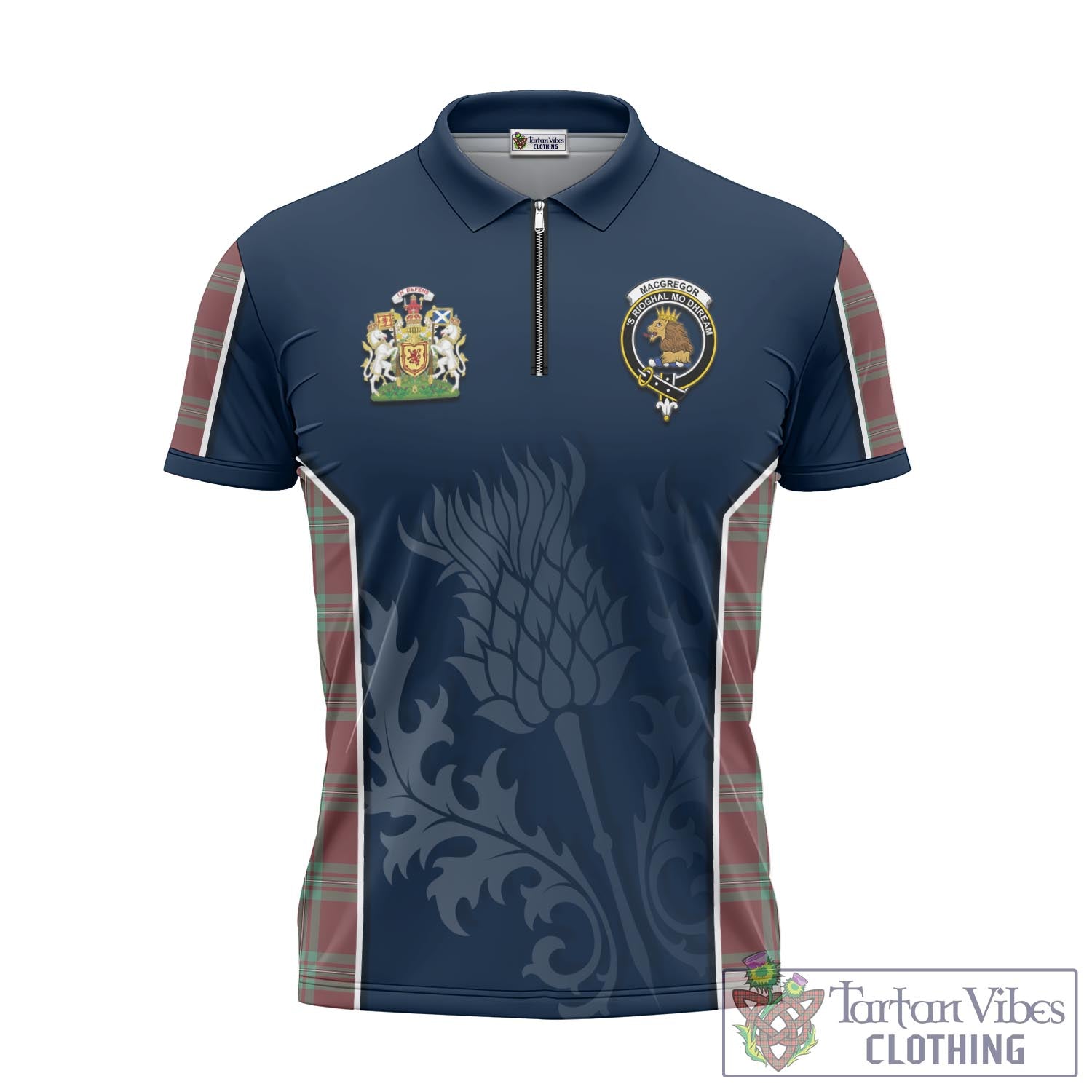 Tartan Vibes Clothing MacGregor Hunting Ancient Tartan Zipper Polo Shirt with Family Crest and Scottish Thistle Vibes Sport Style