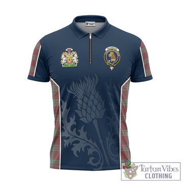 MacGregor Hunting Ancient Tartan Zipper Polo Shirt with Family Crest and Scottish Thistle Vibes Sport Style